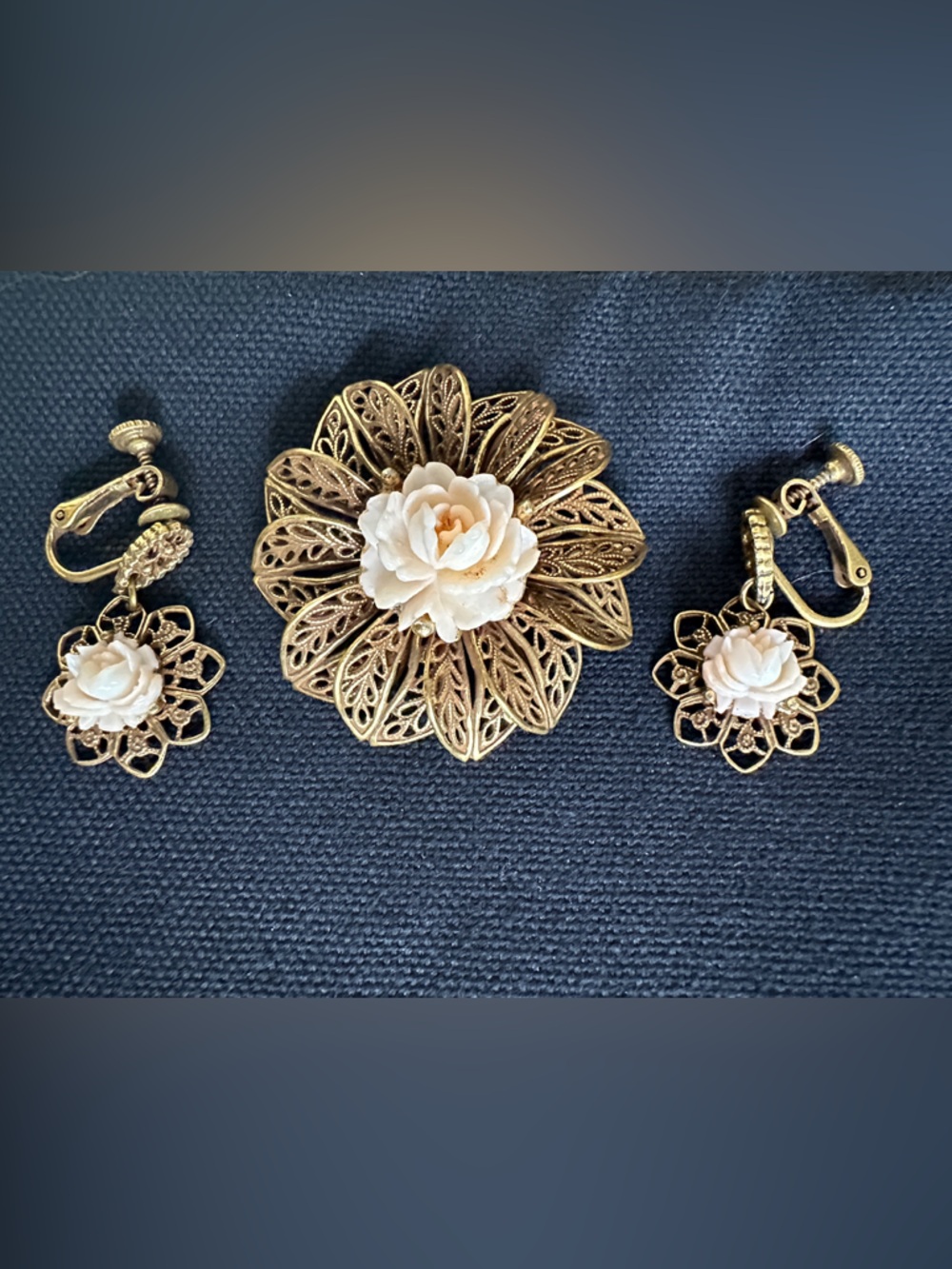 Vintage Gold Filigree Floral Brooch and Earrings Set with White Rose Accents